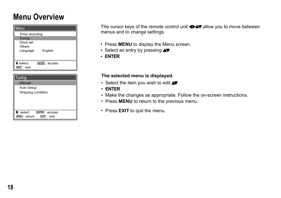 Menu overview | Panasonic NV-MV15  EN User Manual | Page 18 / 32