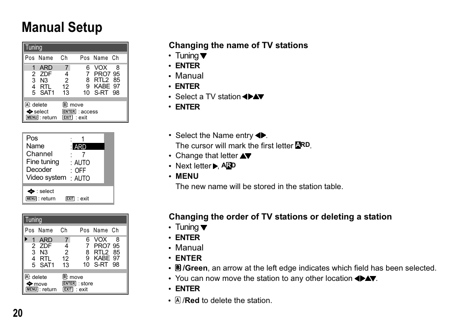 Manual setup, Changing the name of tv stations, Tuning | Manual | Panasonic NV-MV15  EN User Manual | Page 20 / 32