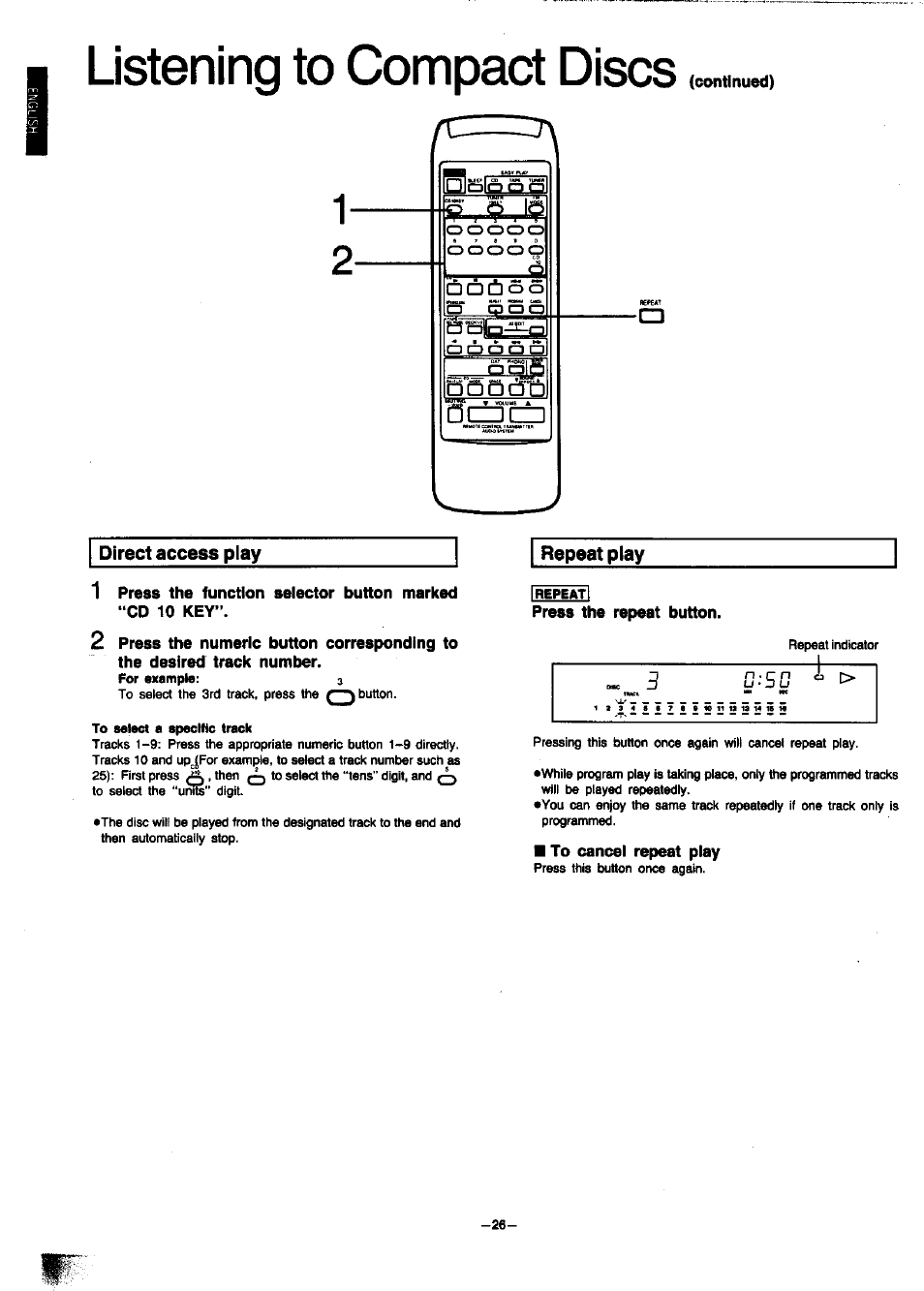 Press the repeat button, To canoei repeat piay, Listening to compact discs | Panasonic SC-CH7 User Manual | Page 26 / 61