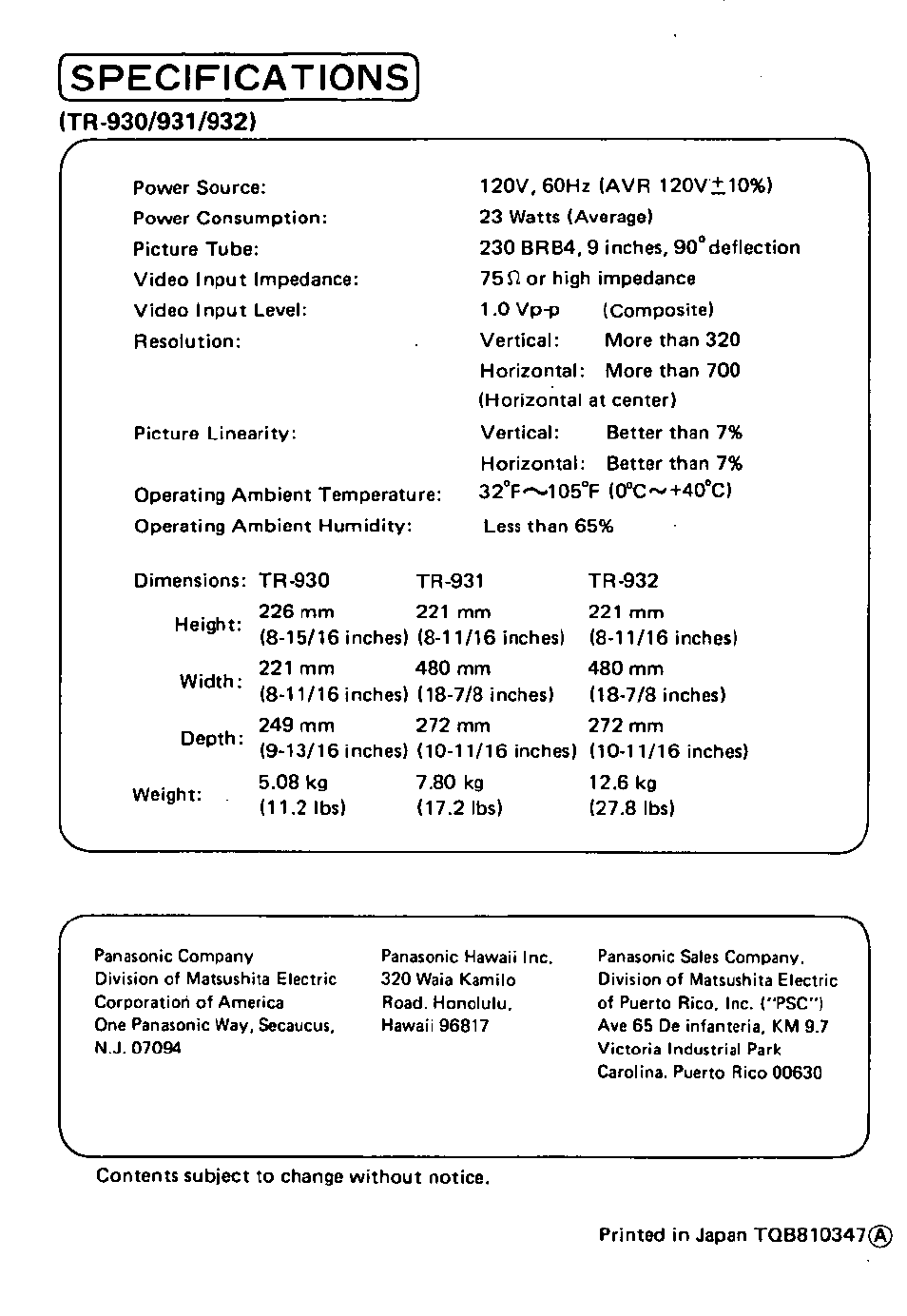 Specifications | Panasonic TR-930 User Manual | Page 8 / 8