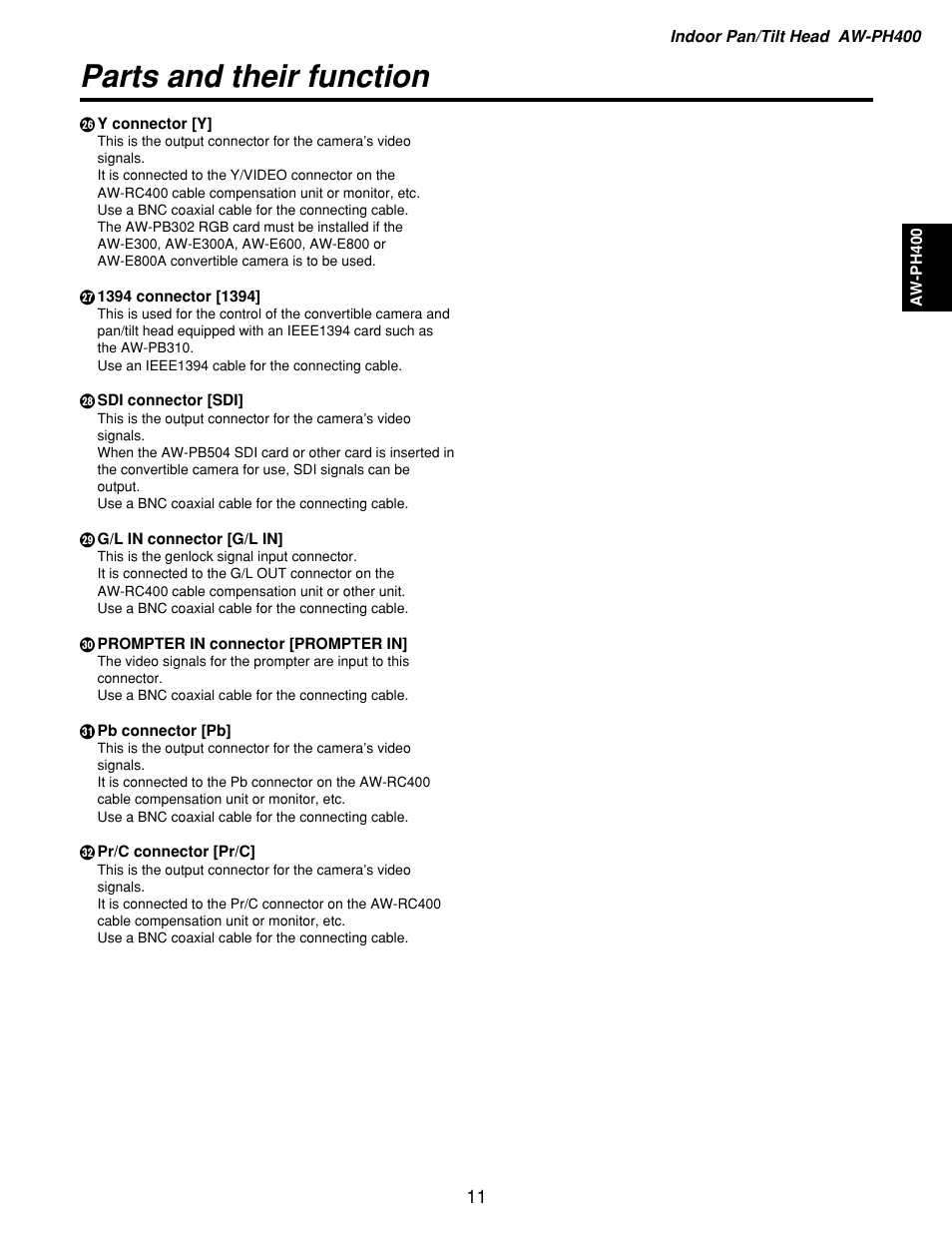 Parts and their function | Panasonic AW-RP400 User Manual | Page 11 / 64