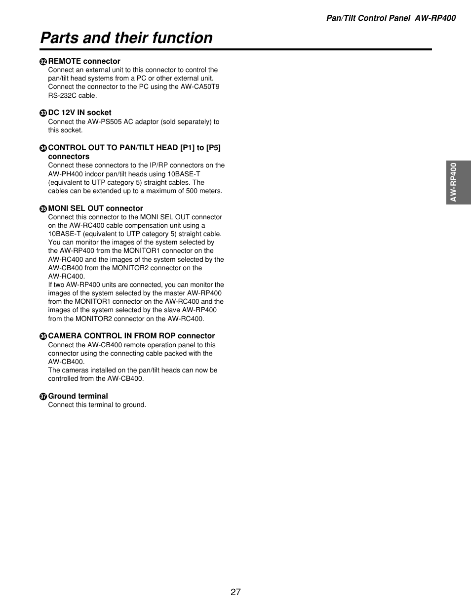 Parts and their function | Panasonic AW-RP400 User Manual | Page 27 / 64