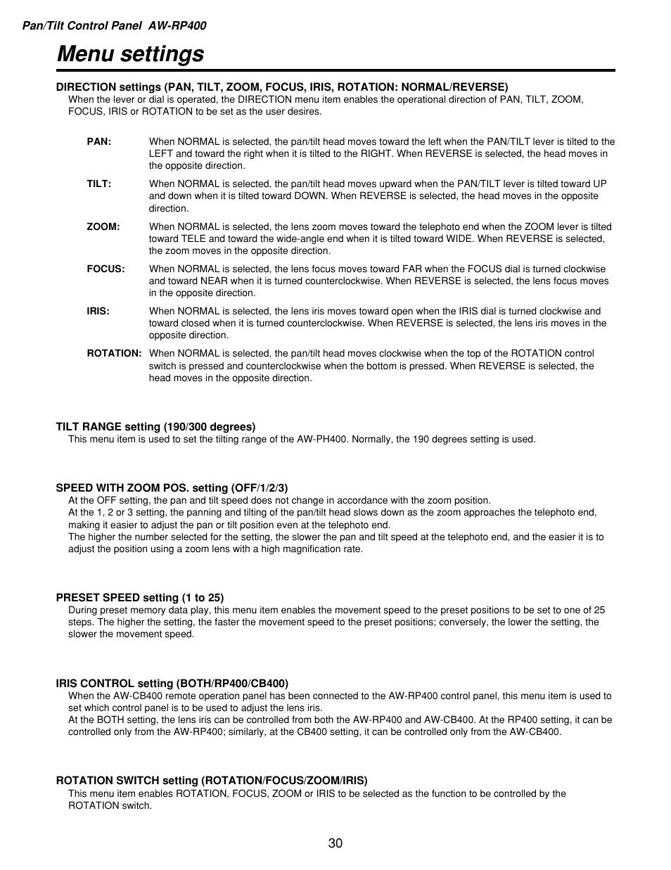 Menu settings | Panasonic AW-RP400 User Manual | Page 30 / 64