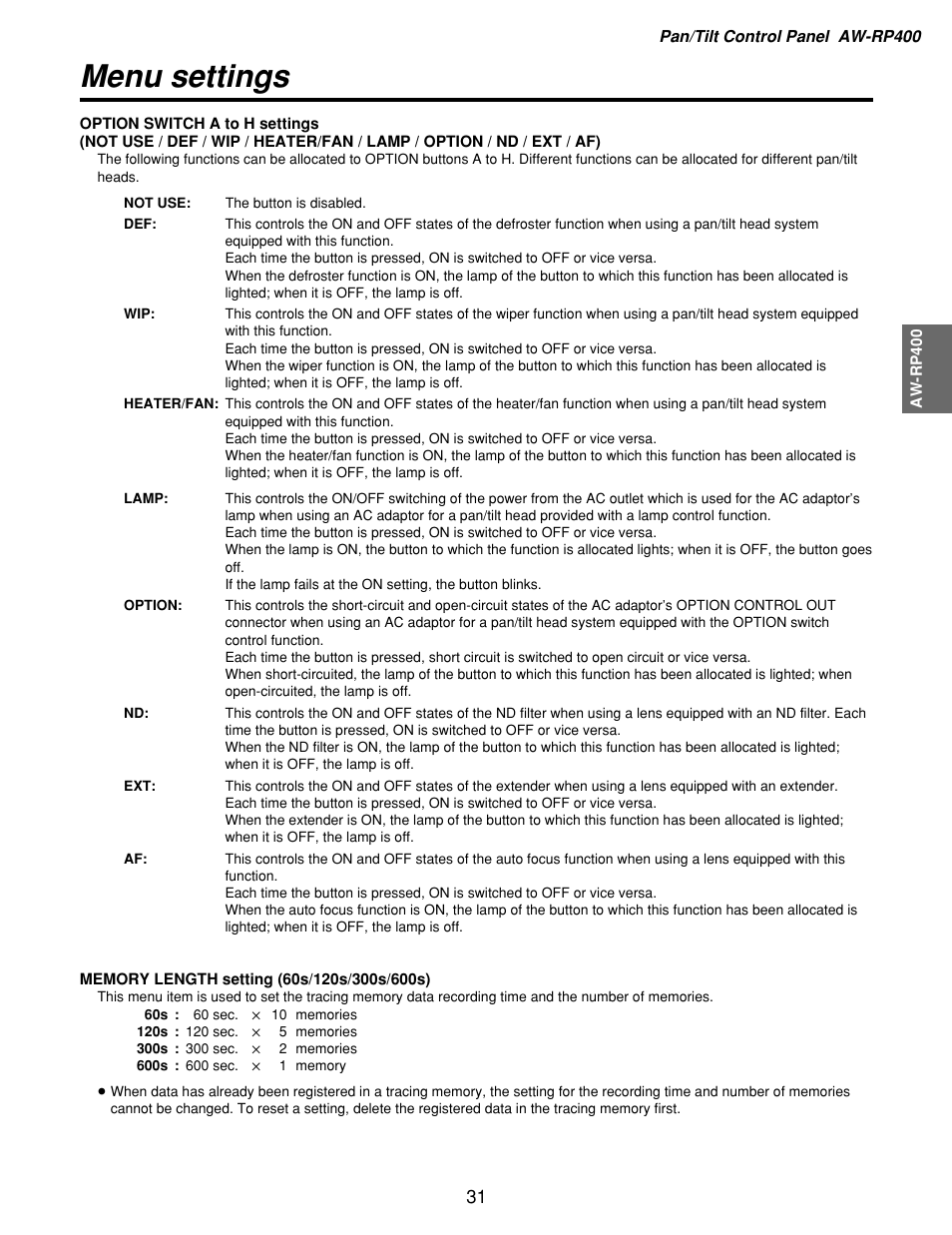 Menu settings | Panasonic AW-RP400 User Manual | Page 31 / 64