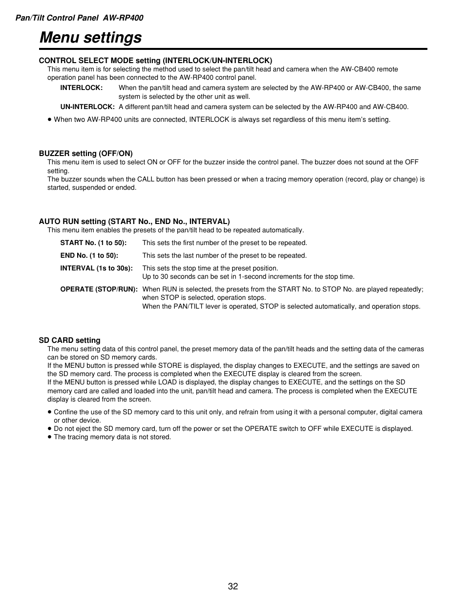 Menu settings | Panasonic AW-RP400 User Manual | Page 32 / 64