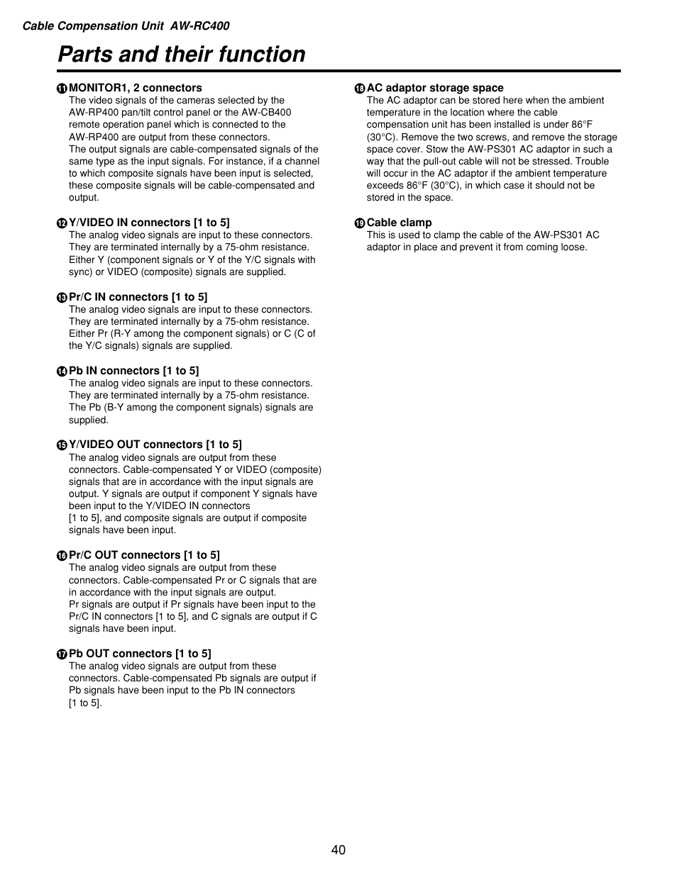 Parts and their function | Panasonic AW-RP400 User Manual | Page 40 / 64