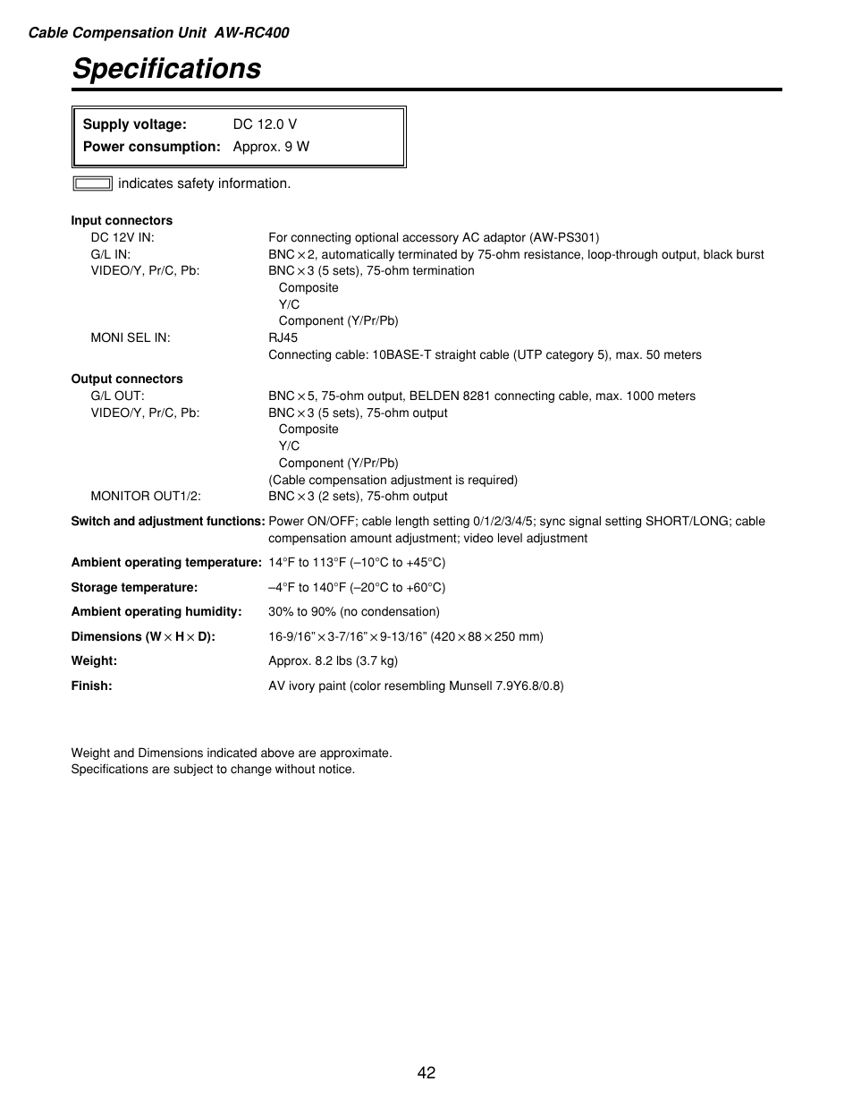 Specifications | Panasonic AW-RP400 User Manual | Page 42 / 64