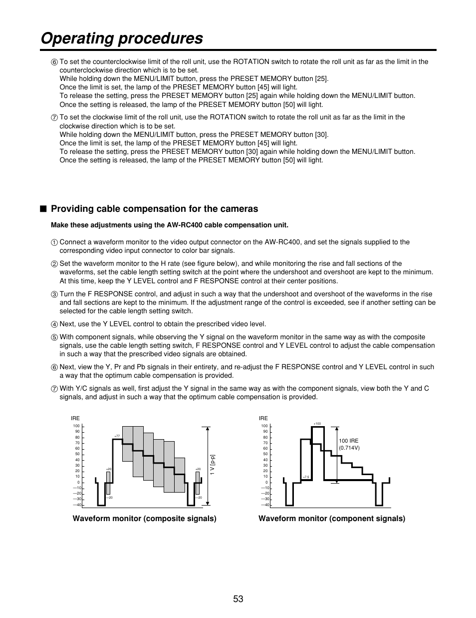 Operating procedures, Providing cable compensation for the cameras | Panasonic AW-RP400 User Manual | Page 53 / 64