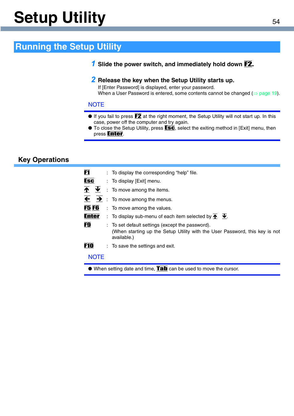 Setup utility, Running the setup utility, Key operations | Panasonic CF-T1 User Manual | Page 54 / 72