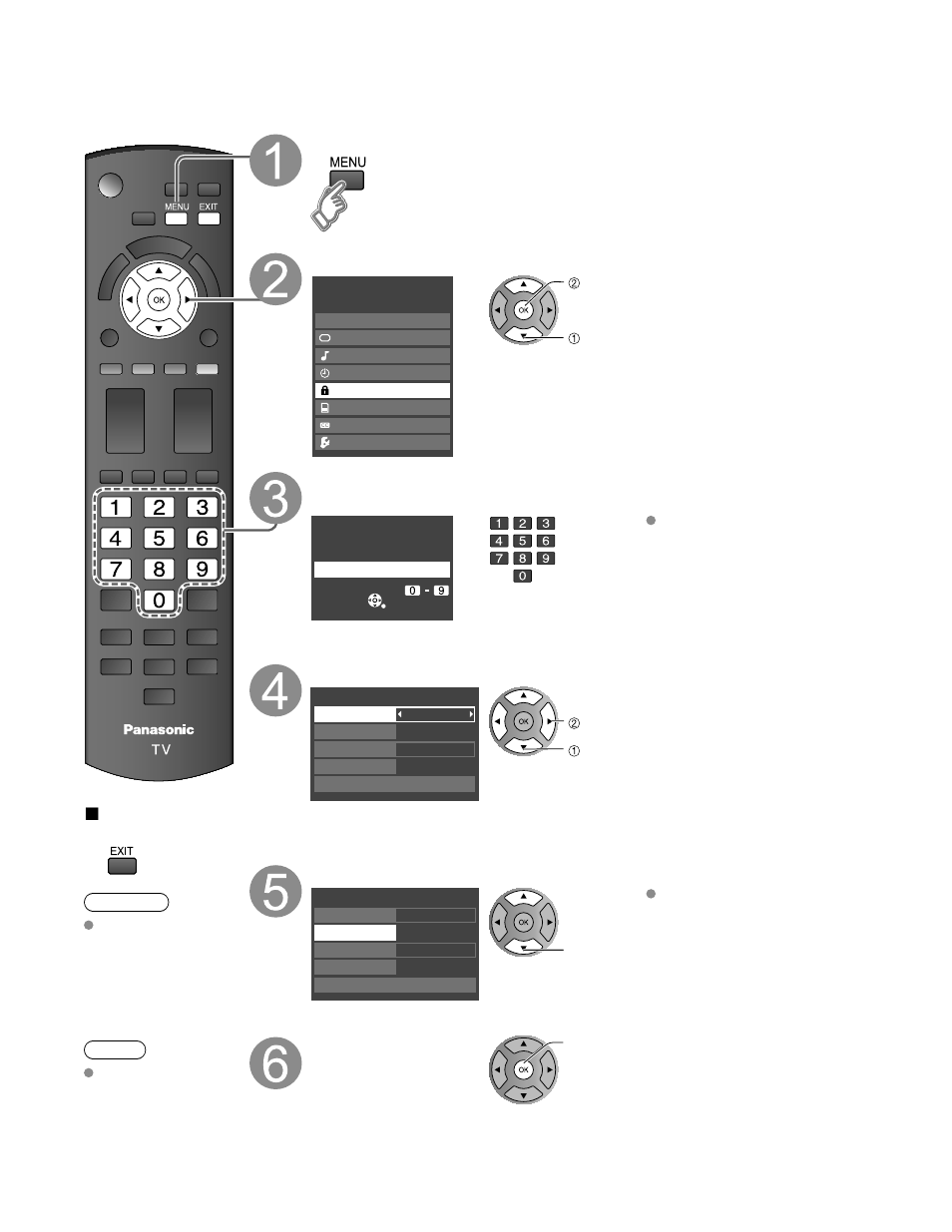 Lock, Display menu select lock, Input your 4-digit password | Select the lock mode, Select the item | Panasonic HDMI TC-P50C1 User Manual | Page 36 / 71