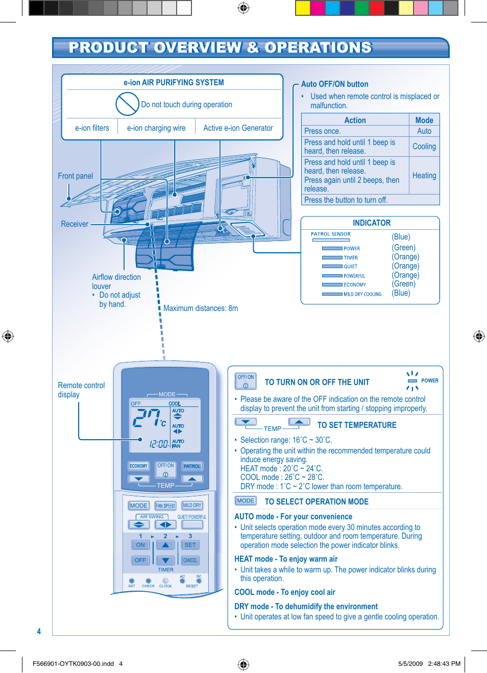 Product overview & operations | Panasonic CU-E24JKR User Manual | Page 4 / 8