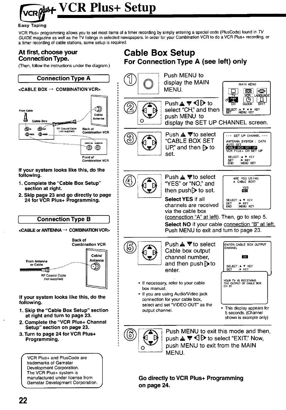 Plus+ setup, At first, choose your connection type, Connection type a | Connection type b, Cable box setup, For connection type a (see left) only, Select yes if all, Select no if your cable connection “b” at left, Push menu to display the main menu, Select no | Panasonic PV-M2037 User Manual | Page 22 / 32