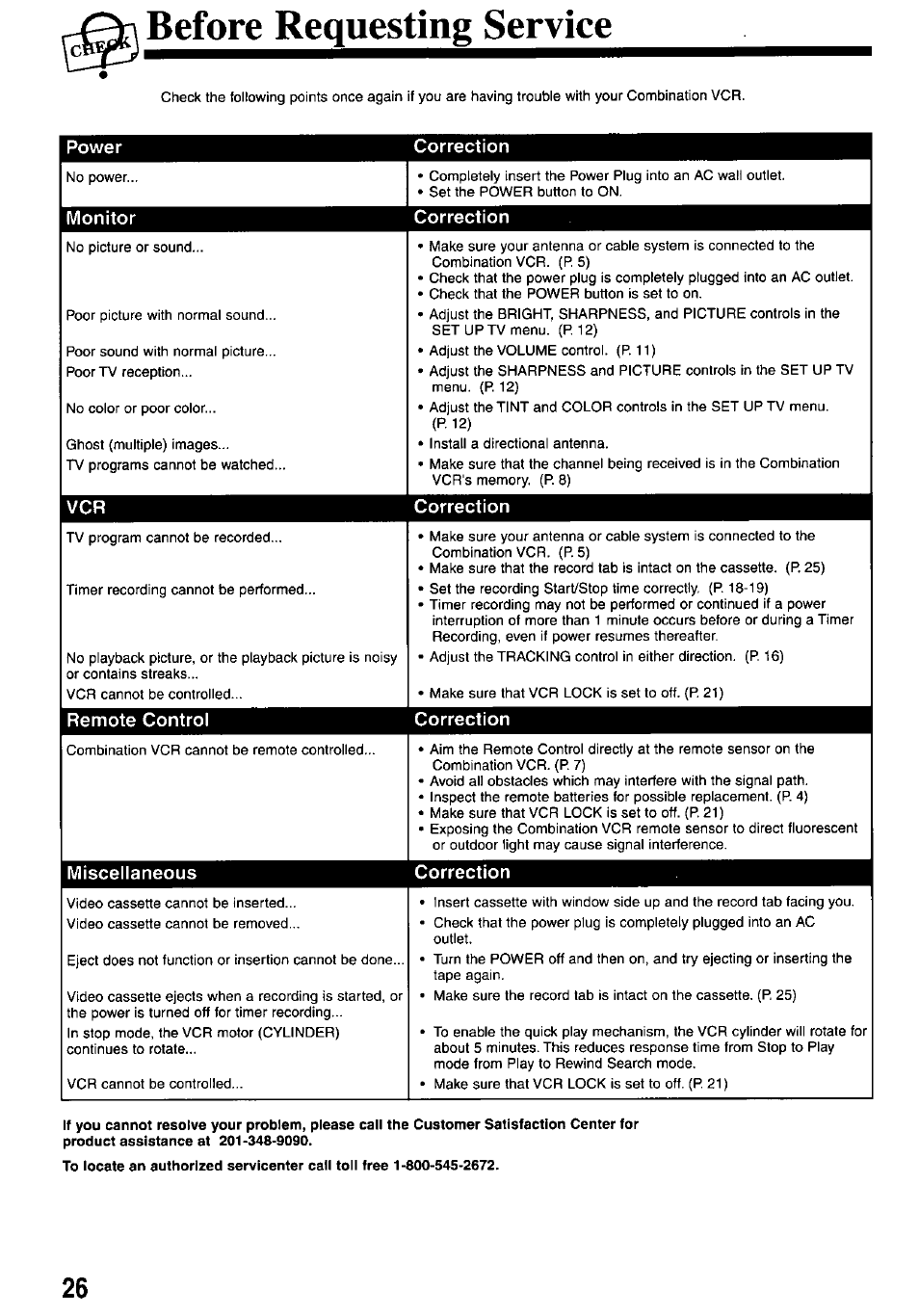 Before requesting service, Power correction, Monitor correction | Vcr correction, Remote control correction, Miscellaneous correction | Panasonic PV-M2037 User Manual | Page 26 / 32