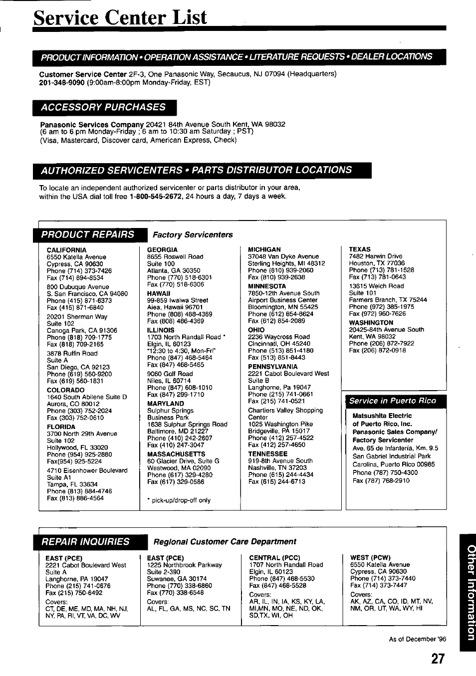 Service center list, Accessory purchases, Product repairs | Panasonic PV-M2037 User Manual | Page 27 / 32