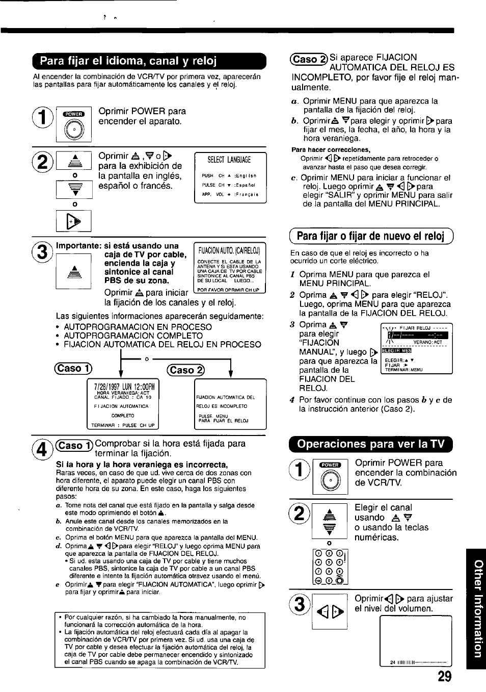 Para fijar el idioma, canal y reloj, Para fijar o fijar de nuevo el reloj, Operaciones para ver la tv | O © © j, Caso 1) (caso 2), Caso l), Caso 2)s | Panasonic PV-M2037 User Manual | Page 29 / 32