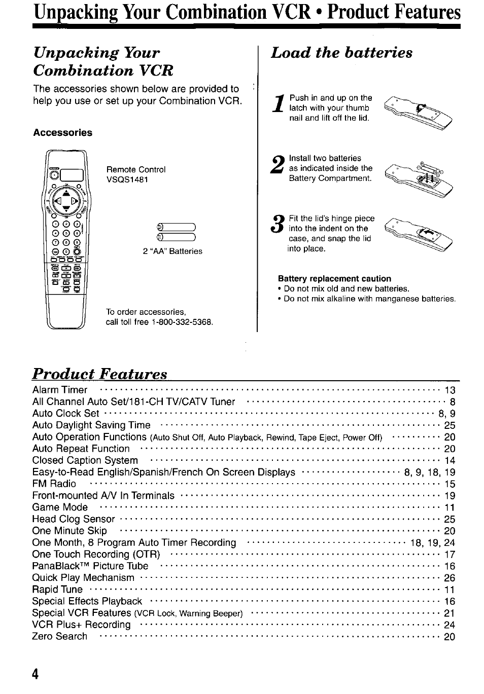 Accessories, Unpacking your combination vcr • product features, Unpacking your combination vcr | Load the batteries, Product features | Panasonic PV-M2037 User Manual | Page 4 / 32