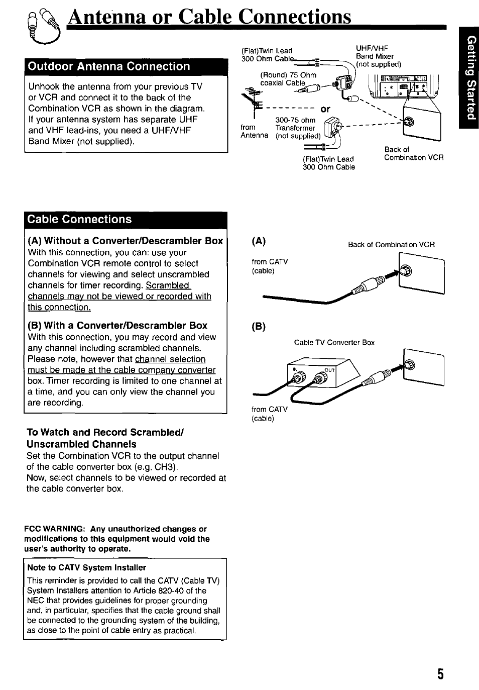 Antenna or cable connections, Outdoor antenna connection, Cable connections | A) without a converter/descrambler box, B) with a converter/descrambler box | Panasonic PV-M2037 User Manual | Page 5 / 32