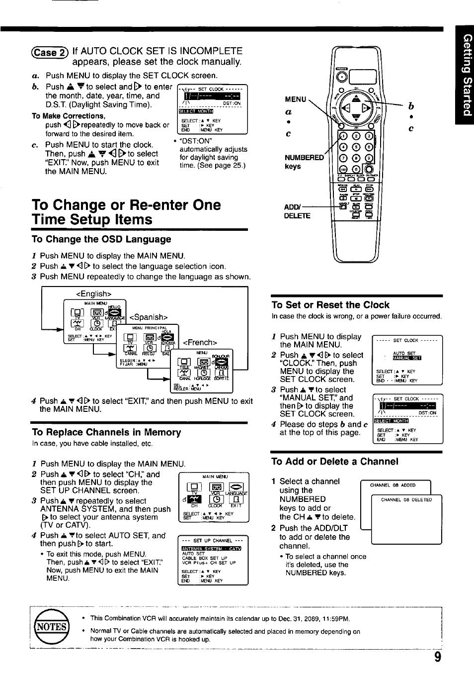 To change or re-enter one time setup items, To change the osd language, To replace channels in memory | To set or reset the clock, To add or delete a channel | Panasonic PV-M2037 User Manual | Page 9 / 32