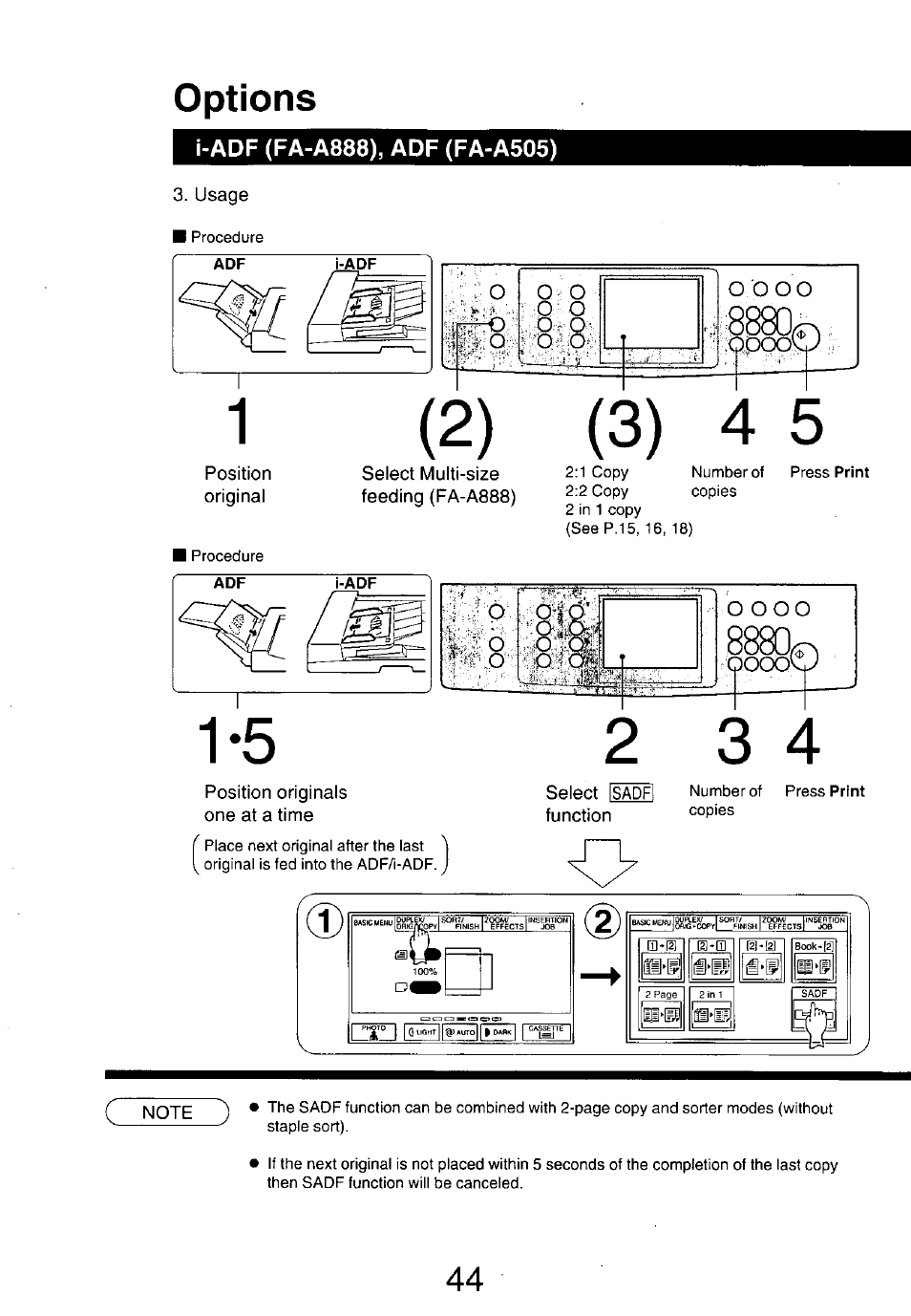 Usage, Position, Original | Select multi-size feeding (fa-a888), Position originals one at a time, Select isadf function, Options | Panasonic 7750 User Manual | Page 44 / 64