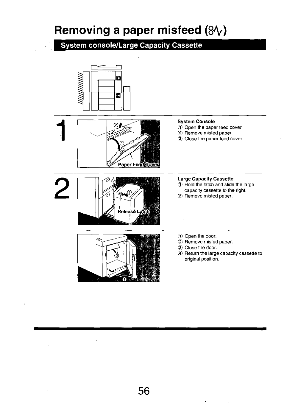 System console, Large capacity cassette, Removing a paper misfeed (8a^) | Panasonic 7750 User Manual | Page 56 / 64