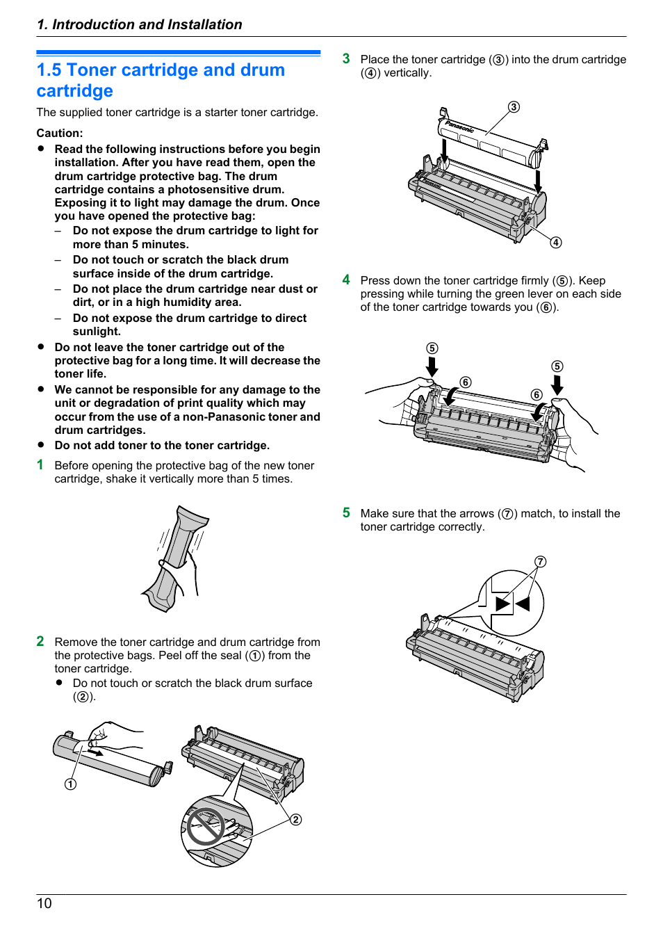 Installation, 5 toner cartridge and drum cartridge, Toner cartridge and drum cartridge | Panasonic KX-MB2030EX User Manual | Page 10 / 124