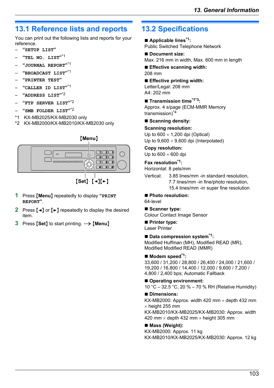 General information, Printed reports, 1 reference lists and reports | Specifications, 2 specifications, Reference lists and reports | Panasonic KX-MB2030EX User Manual | Page 103 / 124