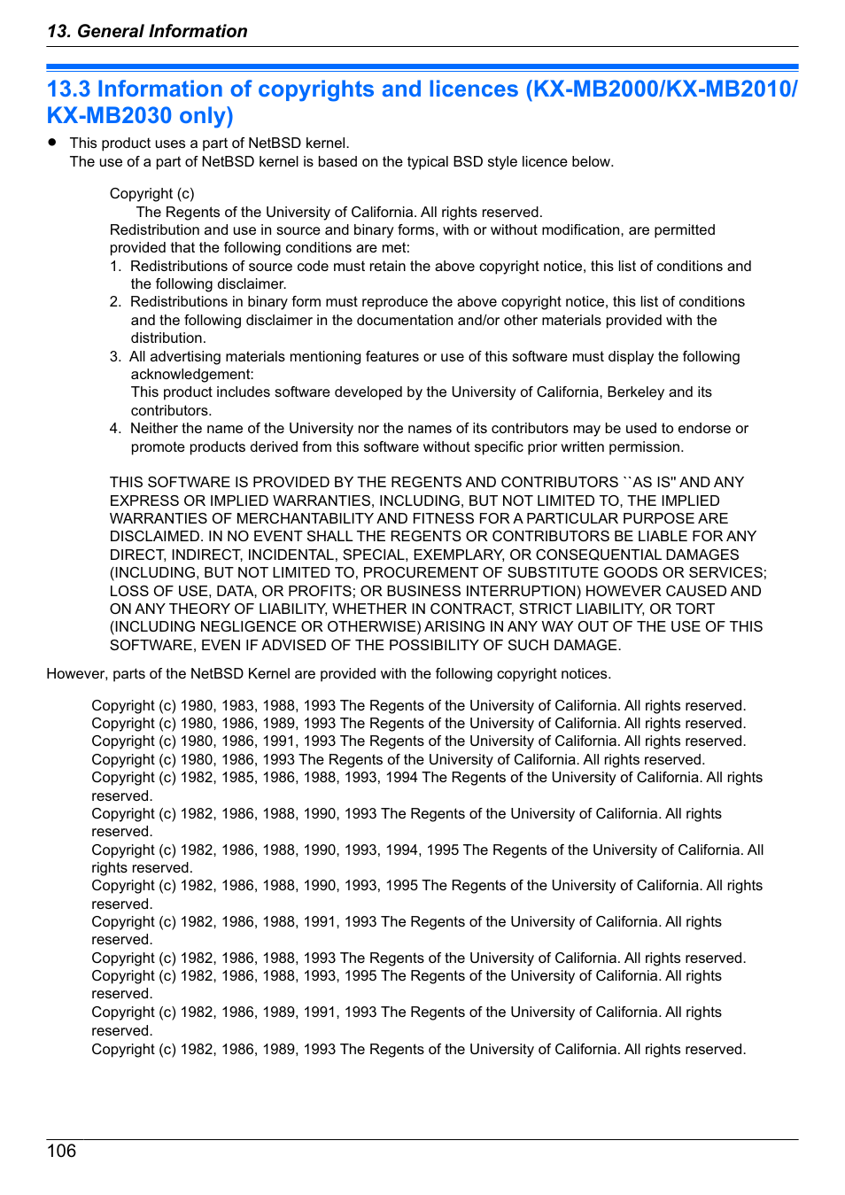 Copyrights, Information of copyrights and licences, Kx-mb2000/kx-mb2010/kx-mb2030 only) | Panasonic KX-MB2030EX User Manual | Page 106 / 124
