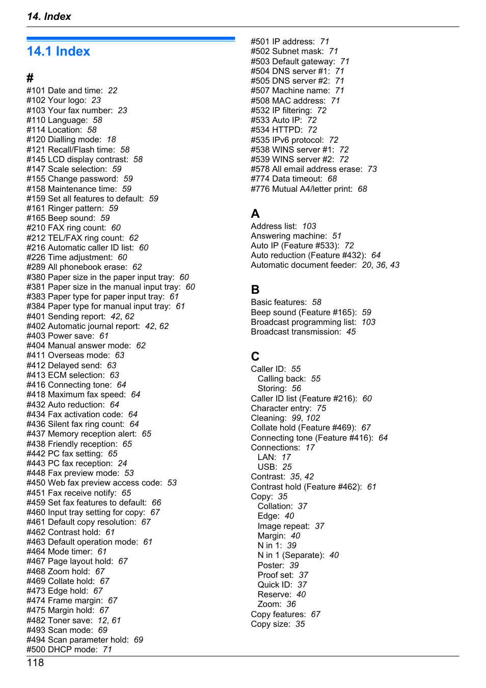 Index, 1 index | Panasonic KX-MB2030EX User Manual | Page 118 / 124