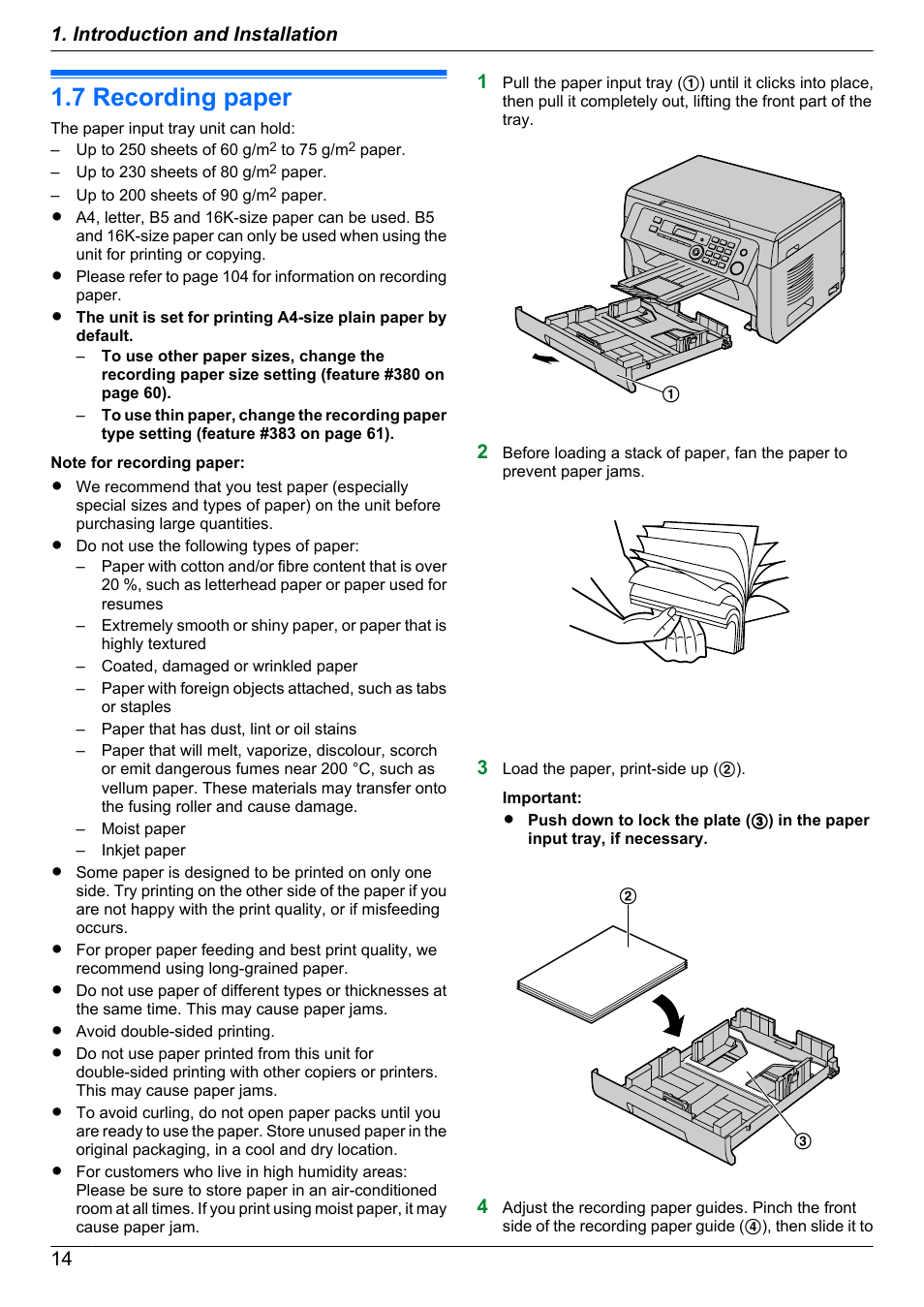7 recording paper, Recording paper, 14 1. introduction and installation | Panasonic KX-MB2030EX User Manual | Page 14 / 124