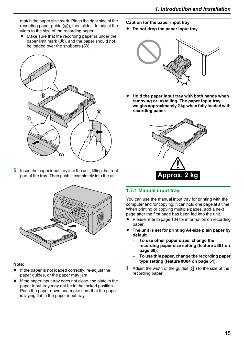 1 manual input tray, Approx. 2 kg | Panasonic KX-MB2030EX User Manual | Page 15 / 124