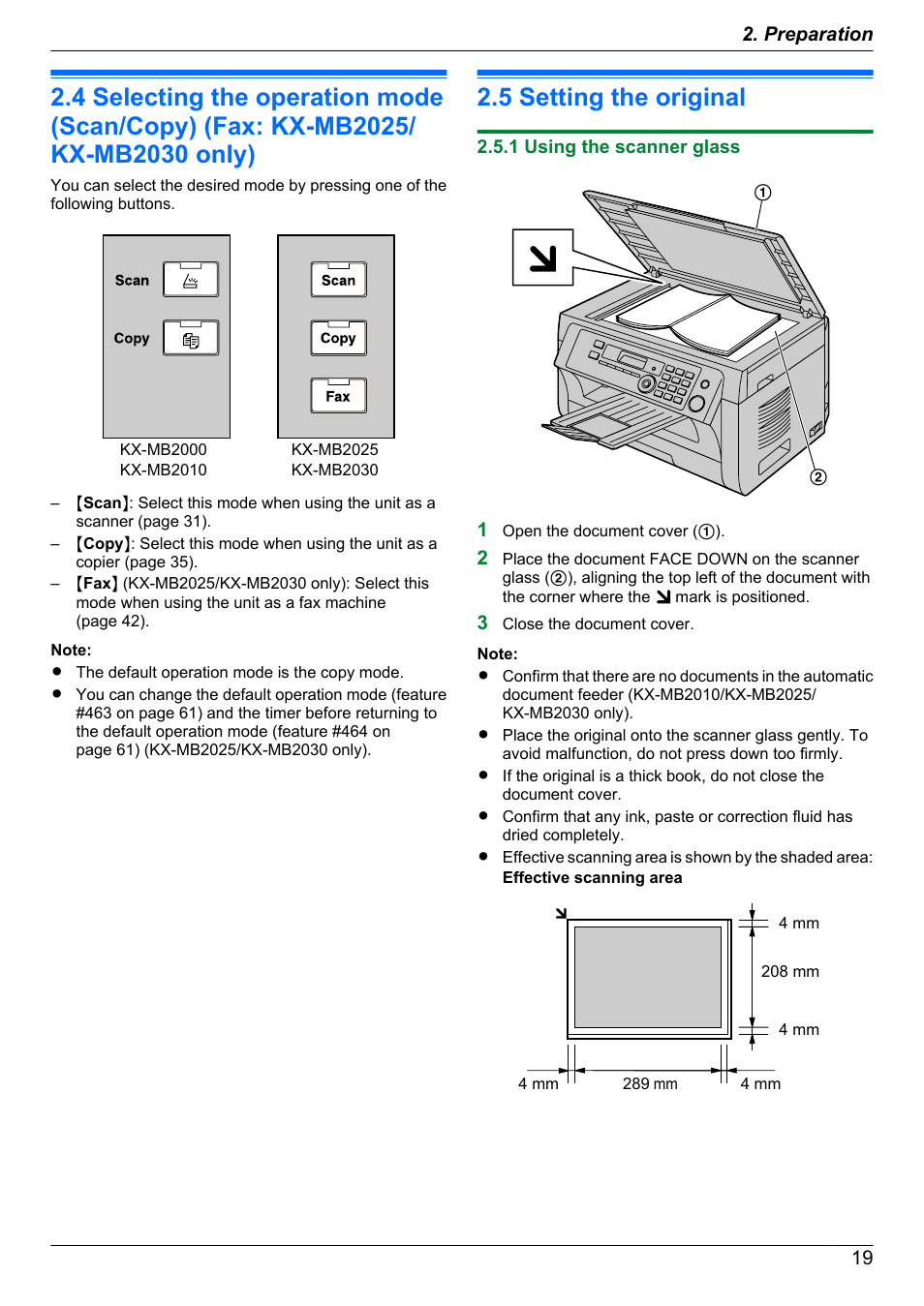 Document requirements, 5 setting the original, 1 using the scanner glass | Setting the original | Panasonic KX-MB2030EX User Manual | Page 19 / 124