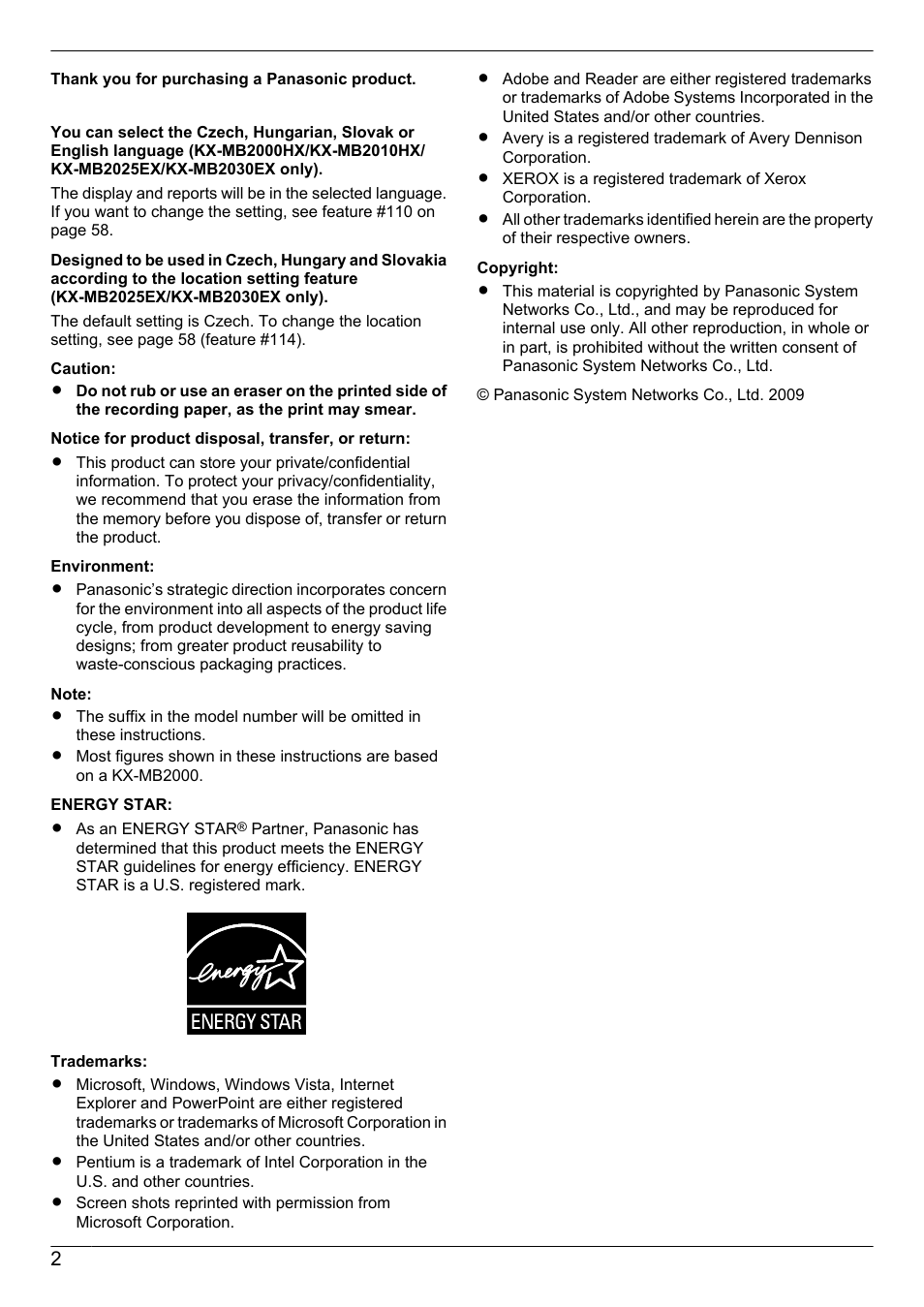 Panasonic KX-MB2030EX User Manual | Page 2 / 124