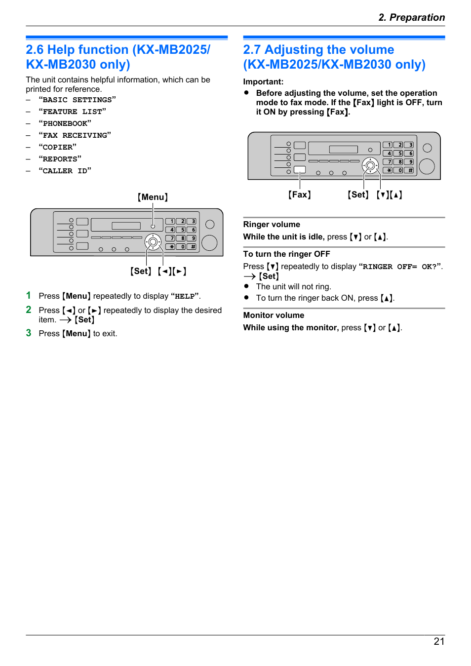 Help, 6 help function (kx-mb2025/kx-mb2030 only), Volume | 7 adjusting the volume (kx-mb2025/kx-mb2030 only), Help function (kx-mb2025/kx-mb2030 only), Adjusting the volume (kx-mb2025/ kx-mb2030 only) | Panasonic KX-MB2030EX User Manual | Page 21 / 124