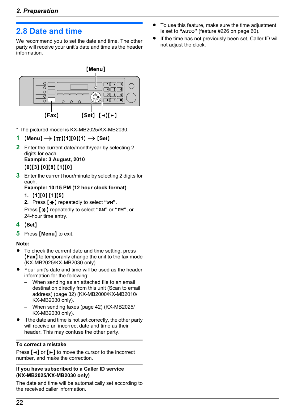 Initial programming, 8 date and time, Date and time | Panasonic KX-MB2030EX User Manual | Page 22 / 124