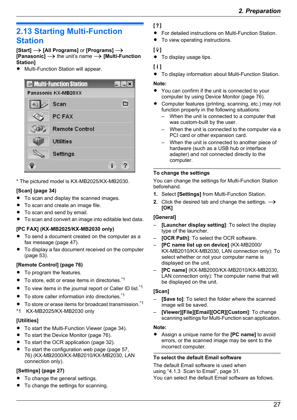 13 starting multi-function station, Starting multi-function station, 27 2. preparation | Panasonic KX-MB2030EX User Manual | Page 27 / 124