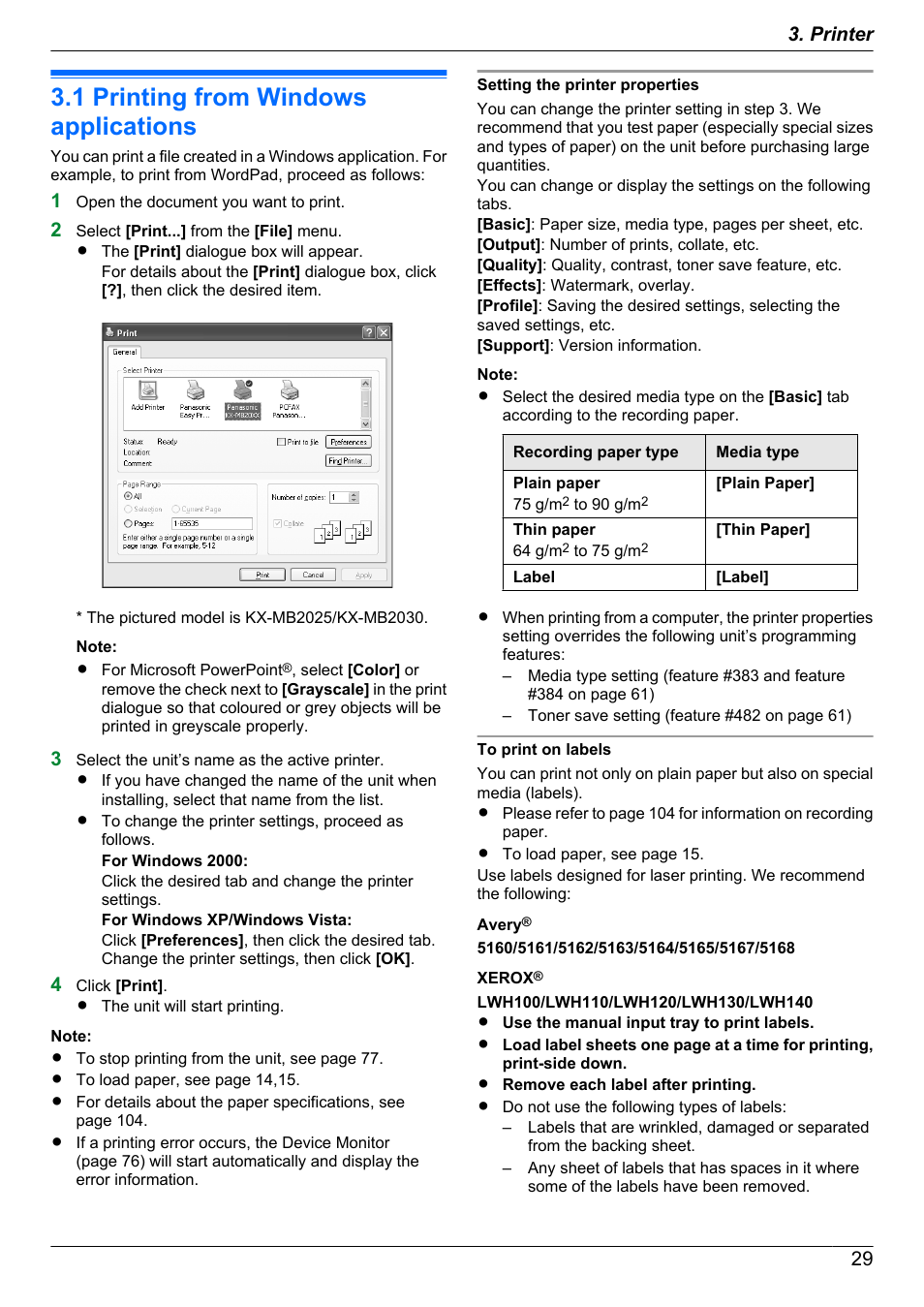 Printer, 1 printing from windows applications, Printing from windows applications | Panasonic KX-MB2030EX User Manual | Page 29 / 124