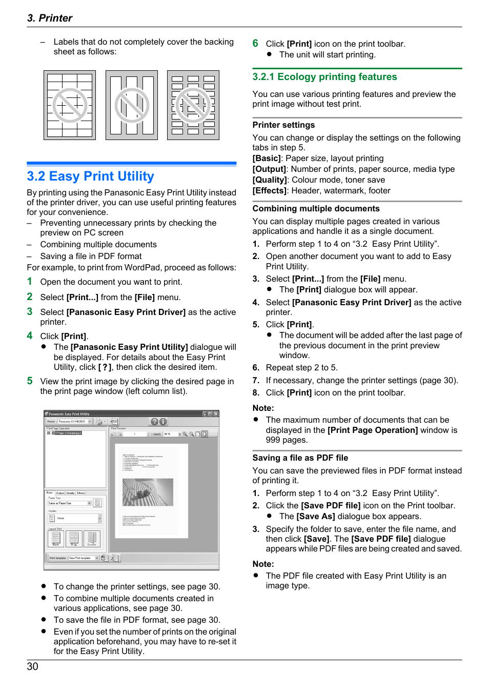 2 easy print utility, 1 ecology printing features, Easy print utility | Panasonic KX-MB2030EX User Manual | Page 30 / 124