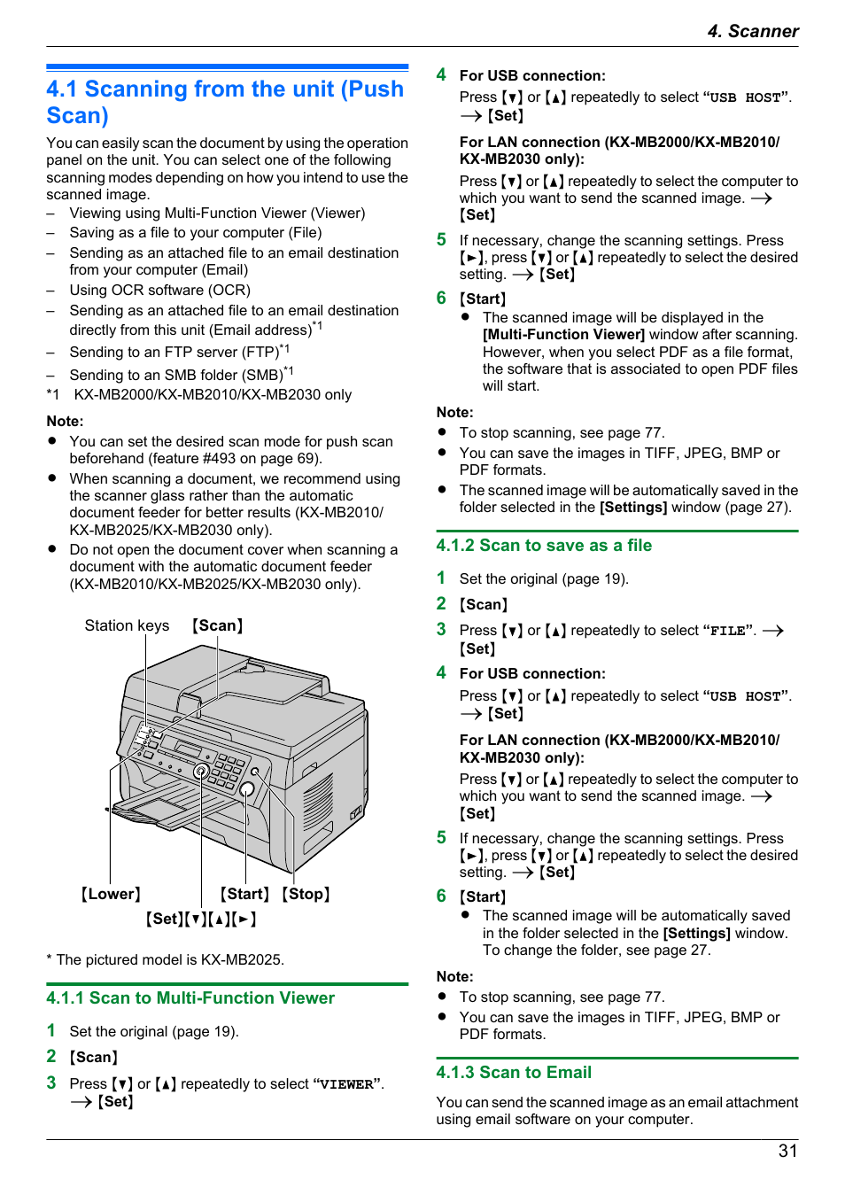 Scanner, 1 scanning from the unit (push scan), 1 scan to multi-function viewer | 2 scan to save as a file, 3 scan to email, Scanning from the unit (push scan) | Panasonic KX-MB2030EX User Manual | Page 31 / 124