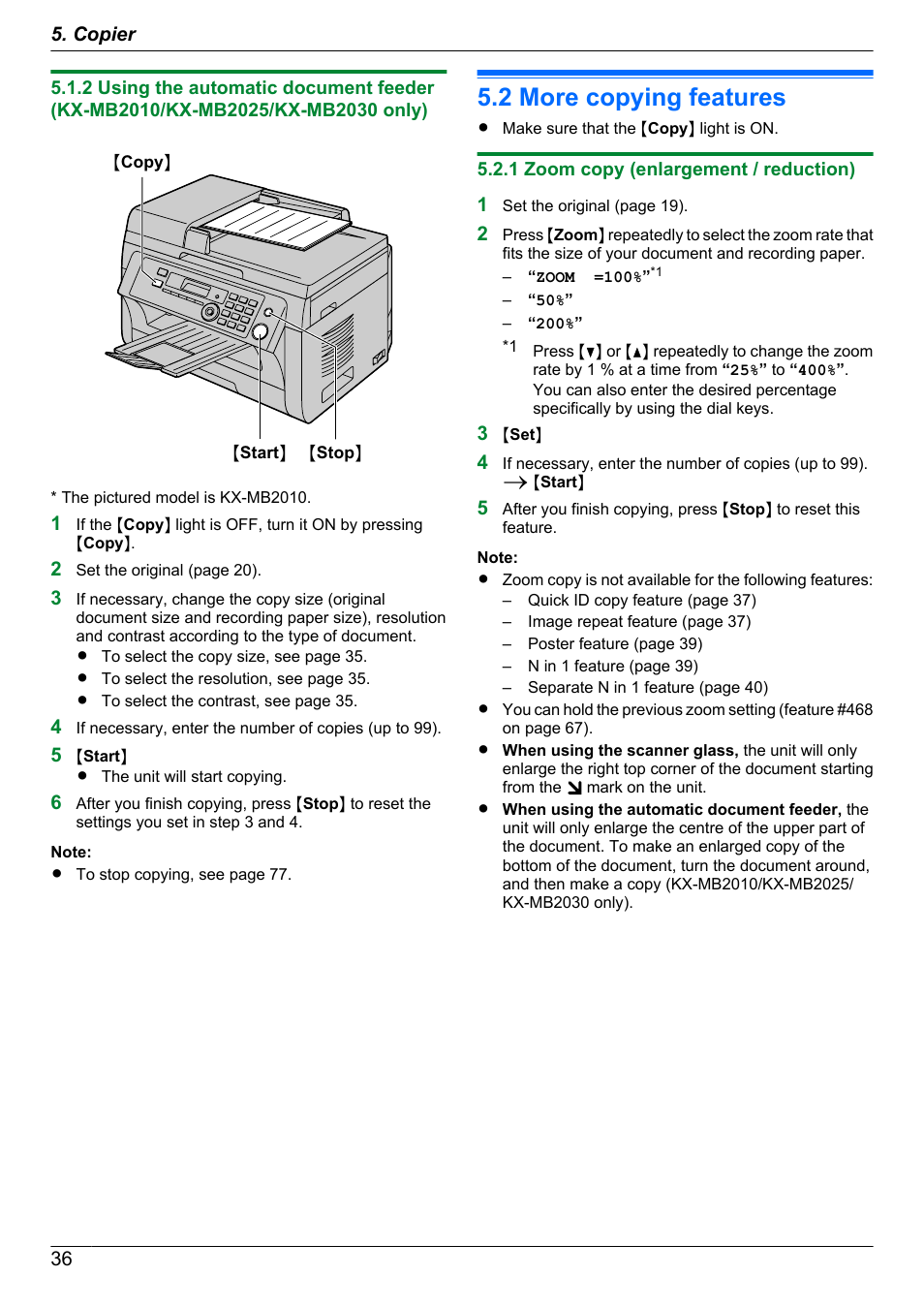 2 more copying features, 1 zoom copy (enlargement / reduction), More copying features | Panasonic KX-MB2030EX User Manual | Page 36 / 124