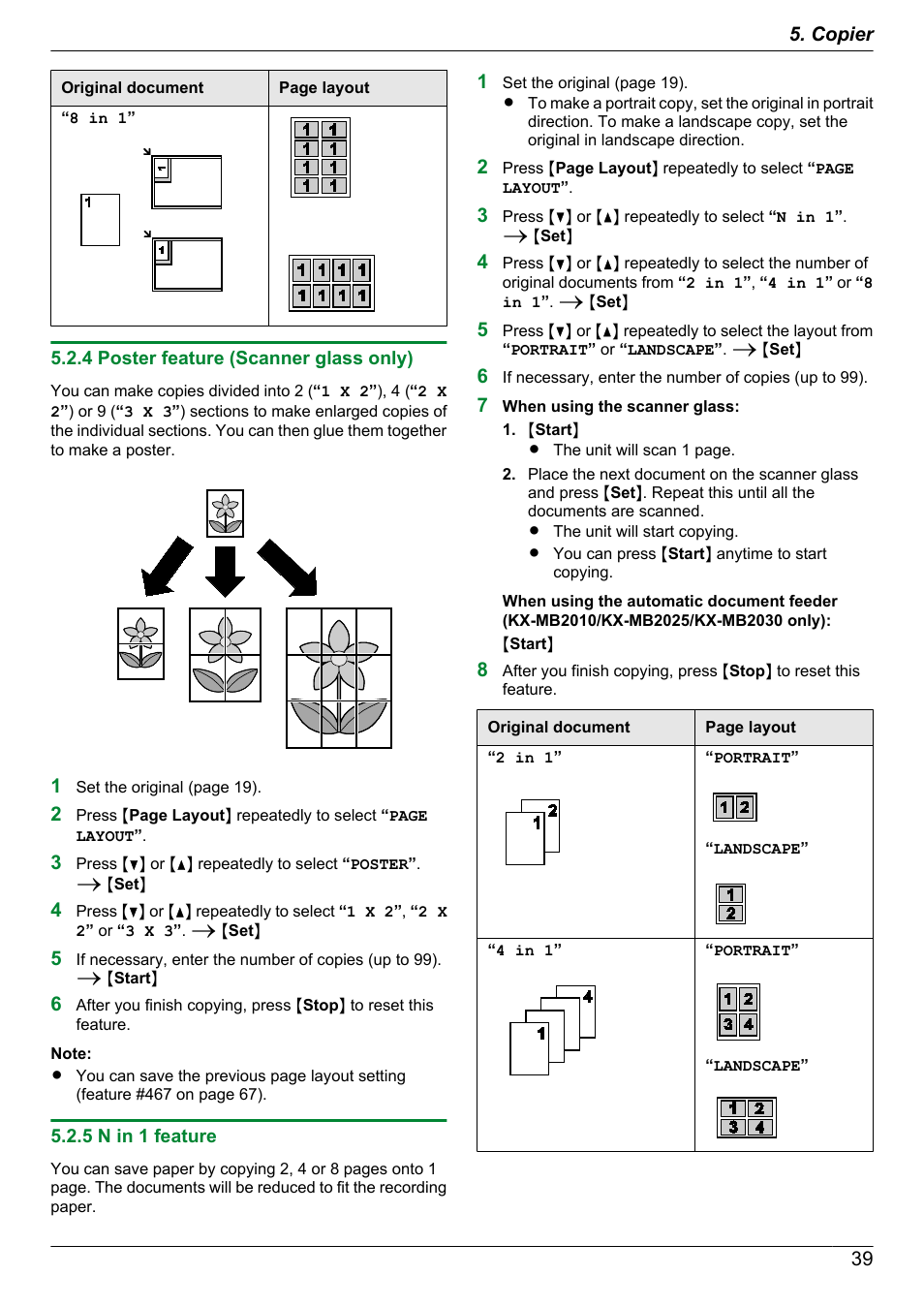 4 poster feature (scanner glass only), 5 n in 1 feature | Panasonic KX-MB2030EX User Manual | Page 39 / 124