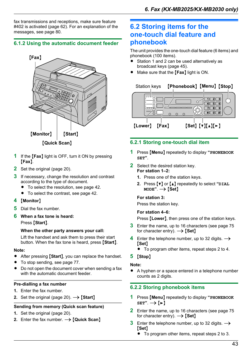 2 using the automatic document feeder, 1 storing one-touch dial item, 2 storing phonebook items | Panasonic KX-MB2030EX User Manual | Page 43 / 124
