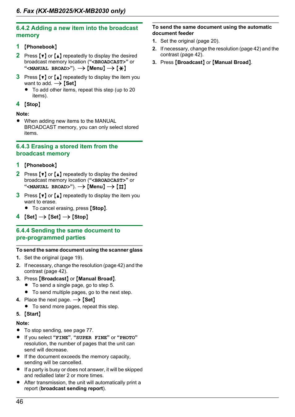 2 adding a new item into the broadcast memory, 3 erasing a stored item from the broadcast memory | Panasonic KX-MB2030EX User Manual | Page 46 / 124