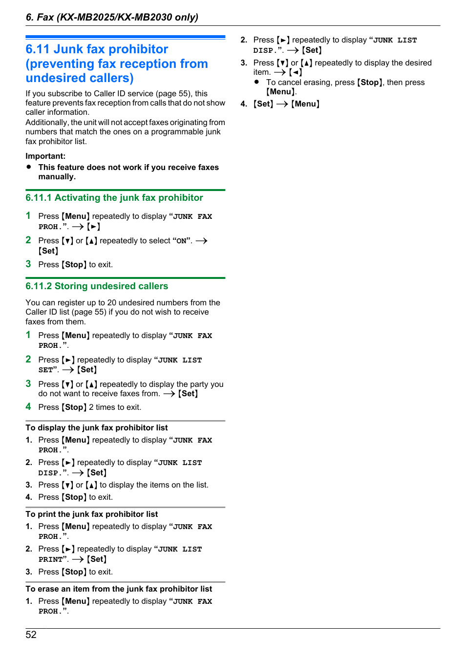 1 activating the junk fax prohibitor, 2 storing undesired callers, Junk fax prohibitor (preventing fax reception | From undesired callers) | Panasonic KX-MB2030EX User Manual | Page 52 / 124
