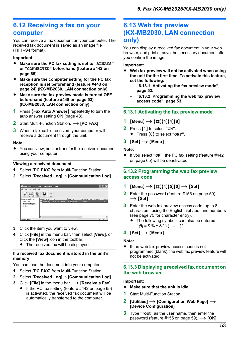 12 receiving a fax on your computer, 1 activating the fax preview mode, 2 programming the web fax preview access code | Receiving a fax on your computer, Web fax preview (kx-mb2030, lan, Connection only) | Panasonic KX-MB2030EX User Manual | Page 53 / 124