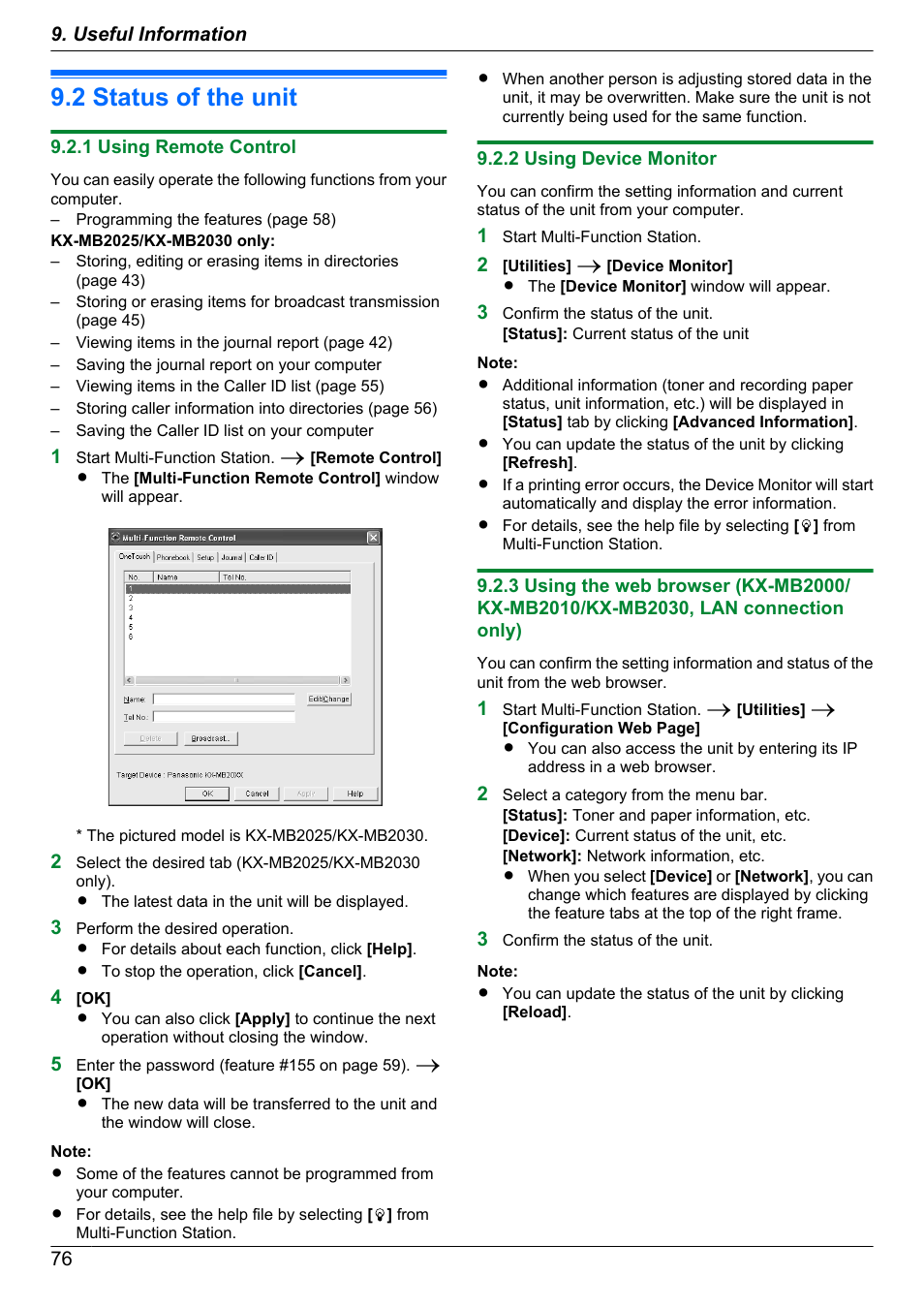 2 status of the unit, 1 using remote control, 2 using device monitor | Status of the unit, 76) (kx-mb2000/kx-mb2010/kx-mb2030, lan | Panasonic KX-MB2030EX User Manual | Page 76 / 124