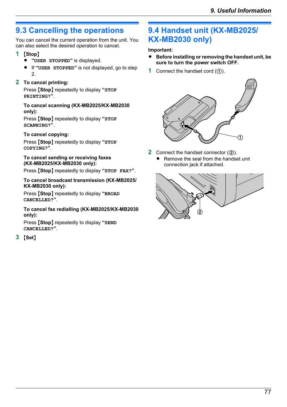 3 cancelling the operations, Telephone, 4 handset unit (kx-mb2025/kx-mb2030 only) | Cancelling the operations, Handset unit (kx-mb2025/kx-mb2030 only) | Panasonic KX-MB2030EX User Manual | Page 77 / 124