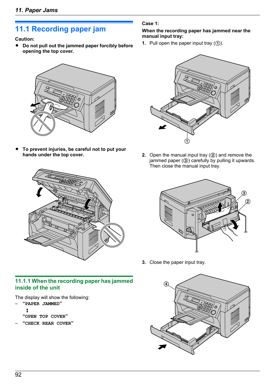 Paper jams, Jams, 1 recording paper jam | Recording paper jam | Panasonic KX-MB2030EX User Manual | Page 92 / 124