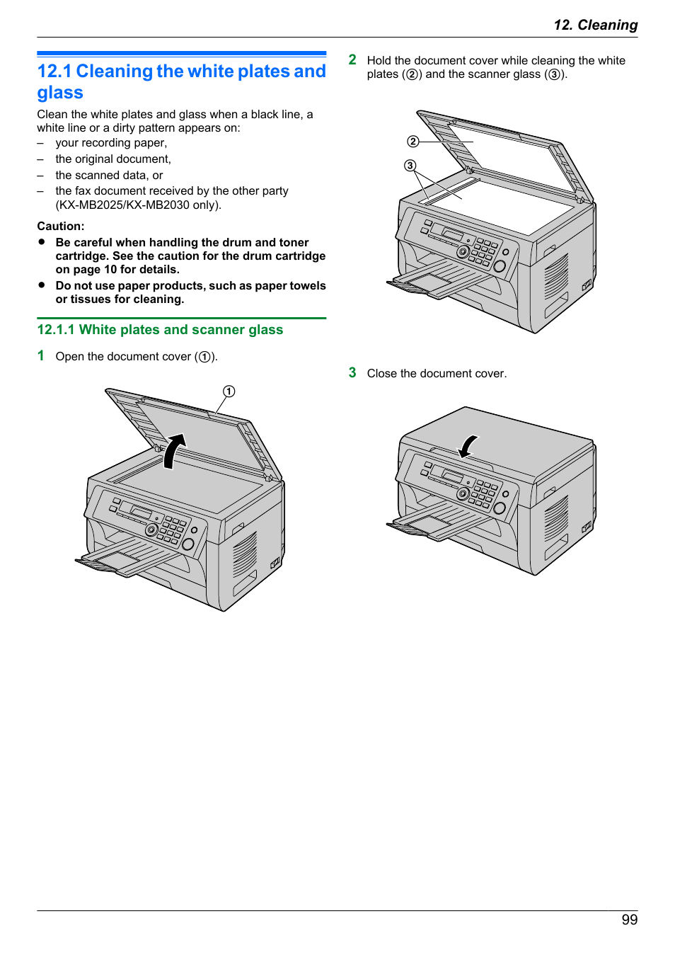 Cleaning, 1 cleaning the white plates and glass, 1 white plates and scanner glass | Cleaning the white plates and glass | Panasonic KX-MB2030EX User Manual | Page 99 / 124