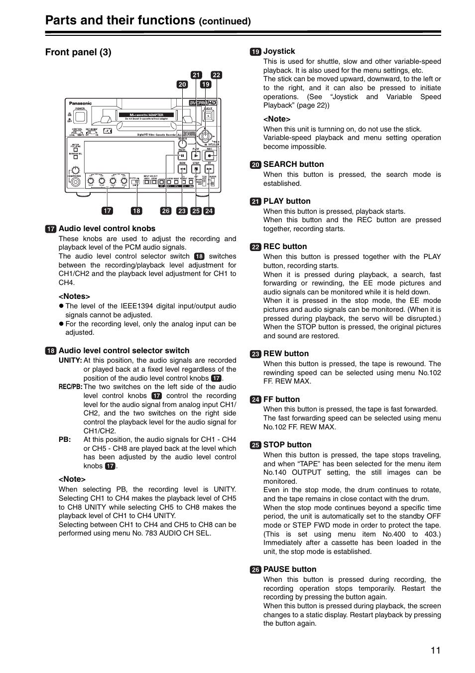 Front panel (3), Parts and their functions, Continued) front panel (3) | Panasonic AJ-HD1400E User Manual | Page 11 / 68