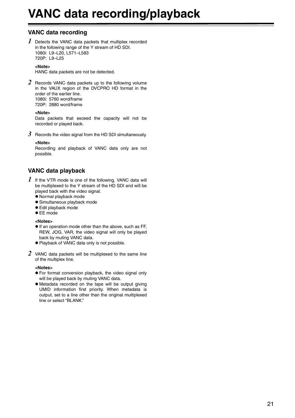 Vanc data recording/playback, Vanc data recording, Vanc data playback | Vanc data recording vanc data playback | Panasonic AJ-HD1400E User Manual | Page 21 / 68